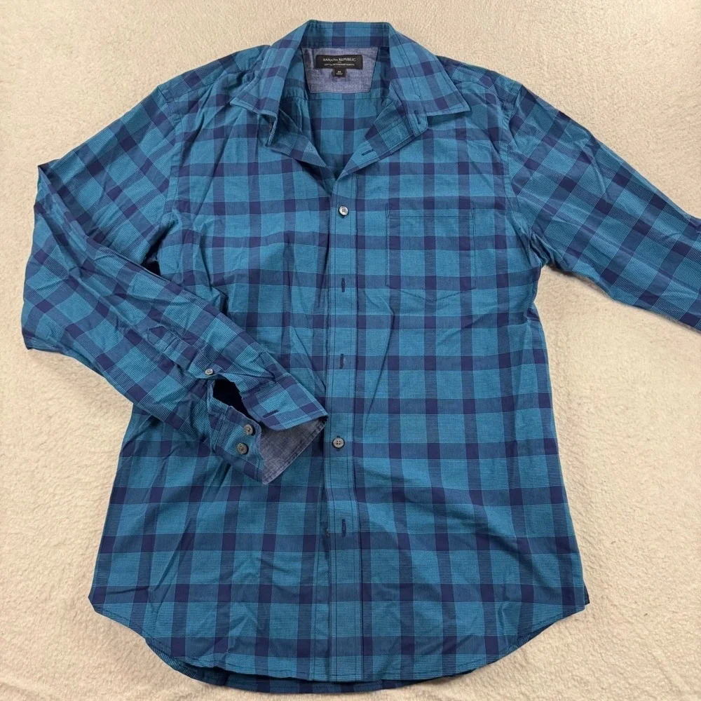 Banana Republic‎ Button Down Mens Medium Teal Blue Tailored Slim Plaid Gingham